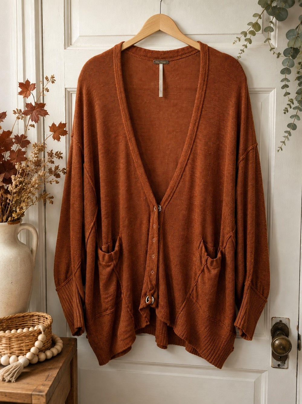 Free People Oversized Rust Cardigan Slouchy Pocket Sweater XS - 26" PTP